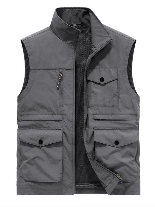 Men's Solid Zip Up Pocket Sports Vest Jacket, Regular Fit Casual Stand Collar Sleeveless Outerwear for Outdoor Activities, Men's Sportswear Clothing for Fall & Winter