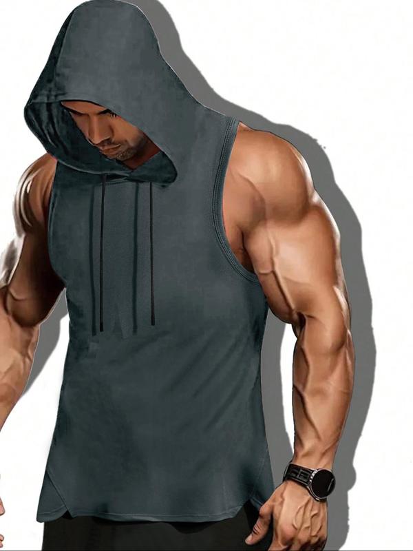 Men's Solid Drawstring Hooded Tank Top, Casual Streetwear Regular Fit Sleeveless Top for Summer, Fashion Men's Clothes for Daily Wear, Tank Tops for Men, Summer Outfits Gym Clothing