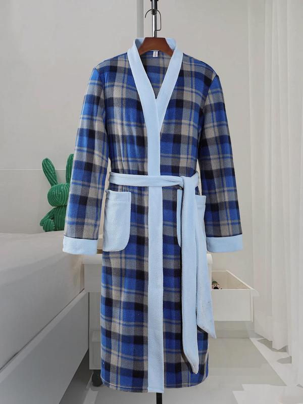 Men's Plaid Print Belted Bathrobe, Casual Long Sleeve Pocket Design Bathrobe, Men's Sleepwear for Fall & Winter