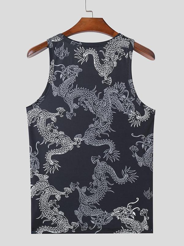 Men's Dragon Print Tank Top, Regular Fit Street Square Neck Sleeveless Top for Summer, Fashion Men's Top for Daily Wear Tank Vest