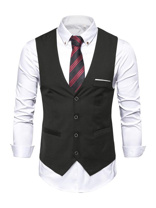 Men's Solid Button Front Blazer & Pocket Pants & Vest & Tie Set, Regular Fit Business Formal Suit Set for Wedding Party, Men's Clothing for All Seasons