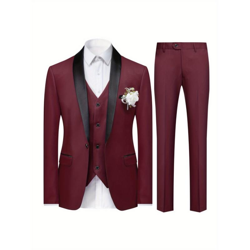 3-Piece Men's Suit Set - Single-Breasted Blazer & Vest & Trousers | Slim Fit Business Casual | Groom Wedding Attire Menswear Collar