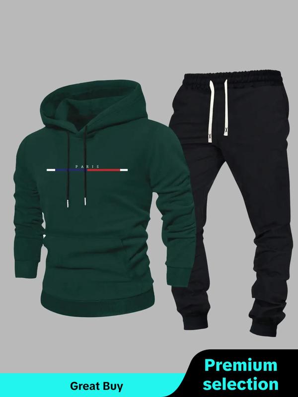 Men's Letter Print Drawstring Hoodie & Pocket Sweatpants Set, Casual Regular Fit Long Sleeve Hooded Sweatshirt & Jogger Pants, Men's Two-piece Outfits for Fall & Winter