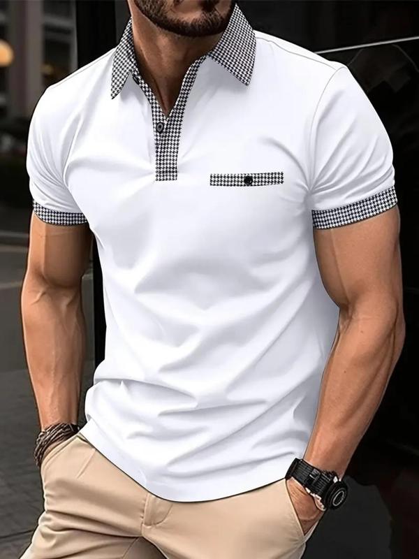 Men's Houndstooth Print Contrast Binding Polo Shirt, Regular Fit Casual Short Sleeve Button Front Top for Summer, Men's Clothes for Daily Streetwear