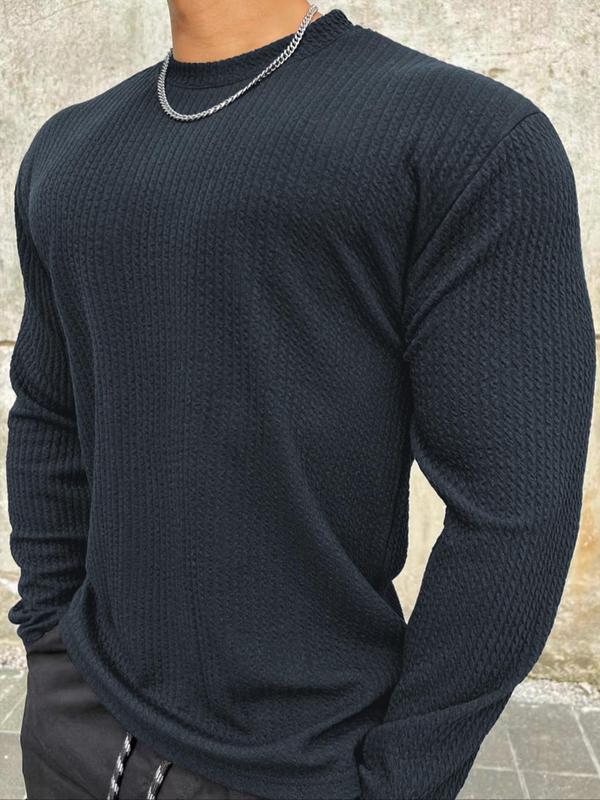 Men's Solid Textured Round Neck Knit Top, Casual Regular Fit Long Sleeve Crew Neck Knitwear for Spring & Fall, Fashion Men's Knit Clothing for Daily Wear