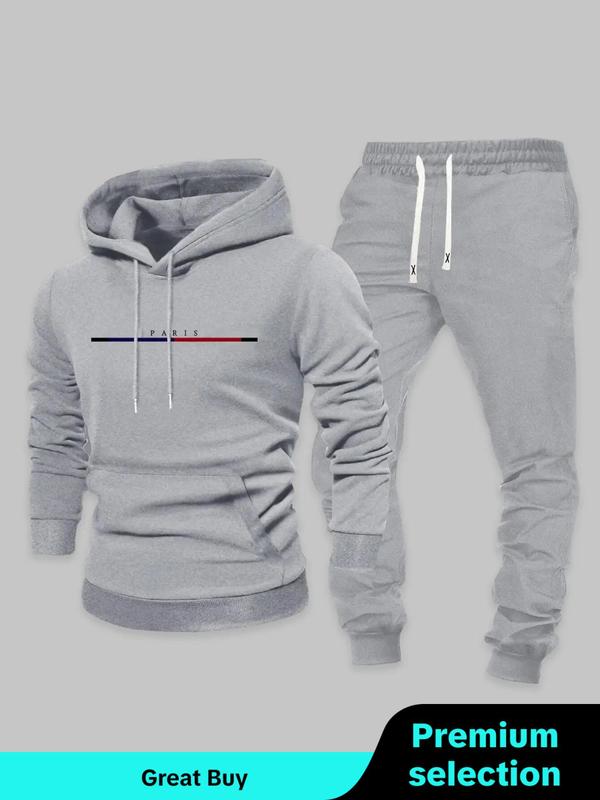 Men's Letter Print Drawstring Hoodie & Pocket Sweatpants Set, Casual Regular Fit Long Sleeve Hooded Sweatshirt & Jogger Pants, Men's Two-piece Outfits for Fall & Winter