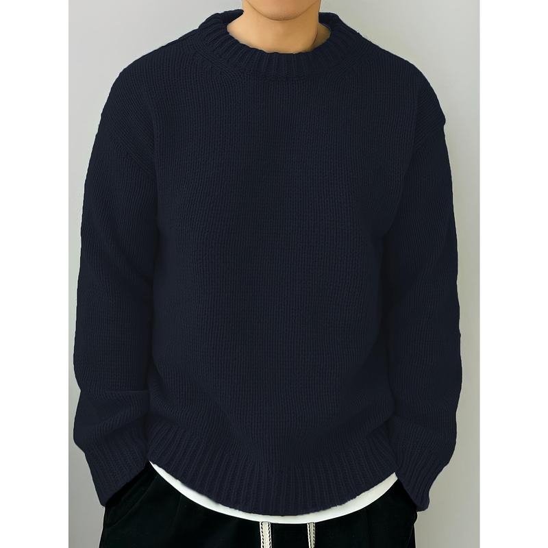 Men's Solid Knitted Pullover, Casual Long Sleeve Crew Neck Sweater For Fall Winter