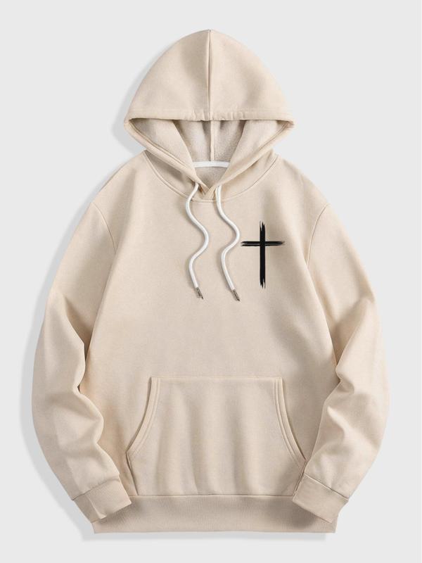 Men's Letter & Cross Print Drop Shoulder Thermal Lined Hoodie, Fashion Casual Regular Fit Drawstring Pocket Hooded Sweatshirt for Daily Holiday Outdoor Wear, Men Clothes for Fall & Winter