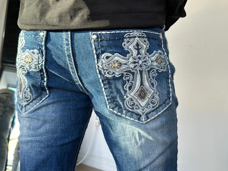 Xecond Yves Navy Blue with rip's and Embroidered  with a Cross in Back Pockets jeans