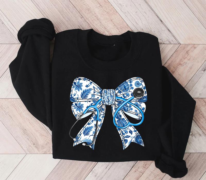 Nurse Stethoscope Bow Sweatshirt - Blue Ribbon Shirt for Nurses - Pullover, Fabric