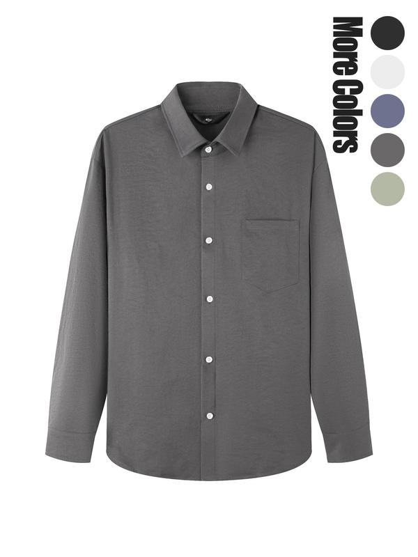 Men's Solid Pocket Button Front Shirt, Loose Casual Long Sleeve Collared Top for Fall & Winter, Men's Clothes for Daily Wear