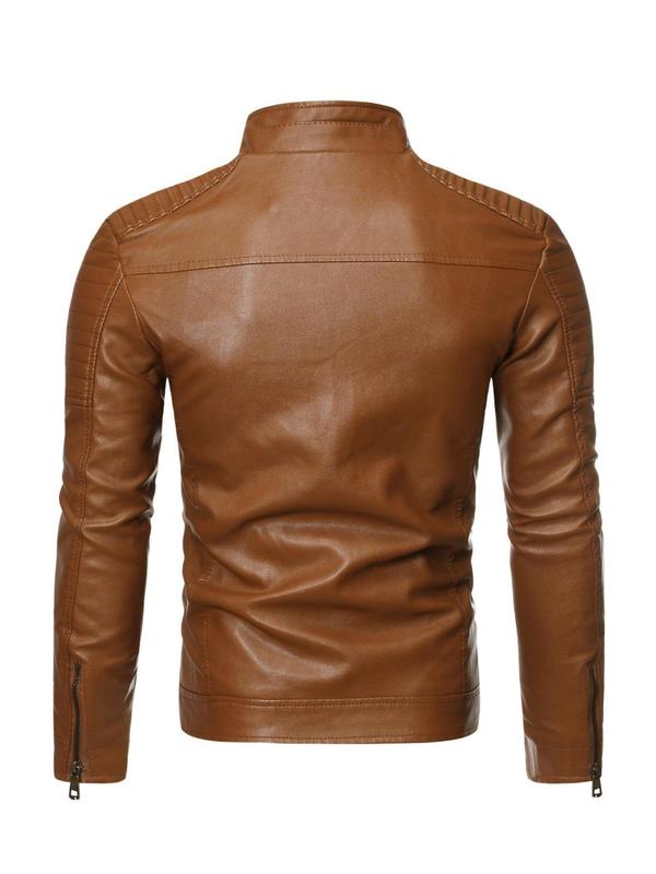 Men's Regular Fit Solid Pocket Zipper PU Faux Leather Jacket, Casual Long Sleeve Stand Collar Outerwear for Fall & Winter, Men's Clothes for Daily Wear Winter Jacket