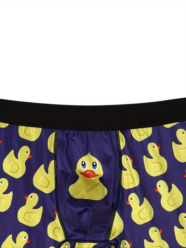 Men's Cartoon Duck Print Elastic Waist Boxer Brief, Regular Fit Casual Breathable Comfy Underwear for All Seasons, Men's Underwear for Daily Wear