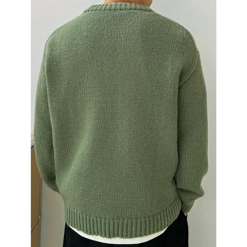 Men's Solid Knitted Pullover, Casual Long Sleeve Crew Neck Sweater For Fall Winter