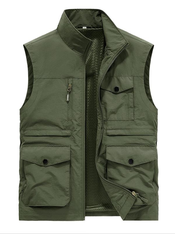 Men's Solid Zip Up Pocket Sports Vest Jacket, Regular Fit Casual Stand Collar Sleeveless Outerwear for Outdoor Activities, Men's Sportswear Clothing for Fall & Winter