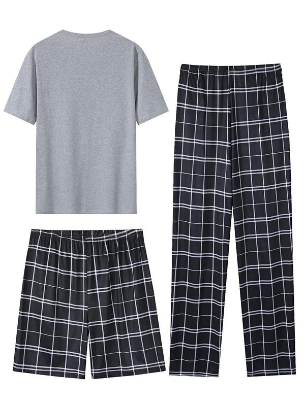 Men's Short Sleeve Plaid Print Loungewear Set, Casual Pocket Round Neck T-shirt & Pants & Shorts Pj Set, Sleepwear & Loungewear Set for All Seasons