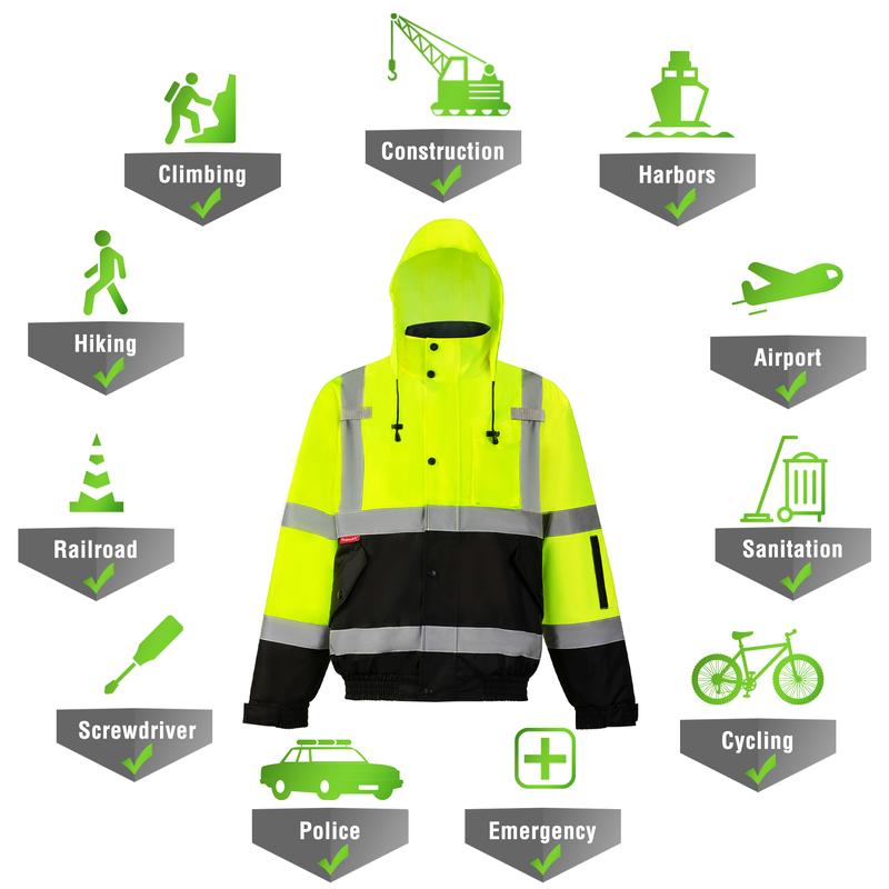 ProtectX High Visibility Waterproof Safety Jacket, Hi Vis Reflective Winter Construction Bomber Jacket for Men With Multi Pockets Menswear Clothing Workwear