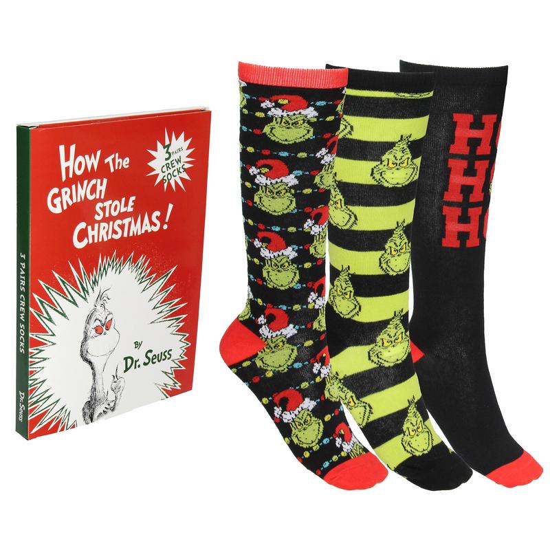 Dr. Seuss How The Grinch Stole Christmas Socks 3-Pack Adult Mid-Calf Crew Socks Storybook Design Gift Box Set