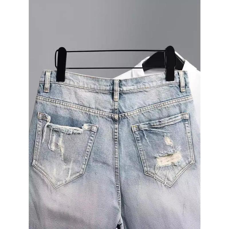 Retro Washed Distressed Raw Hem Ripped Denim Shorts Men's Pu Handsome Straight Beggar Fifth Wide-Leg Pants