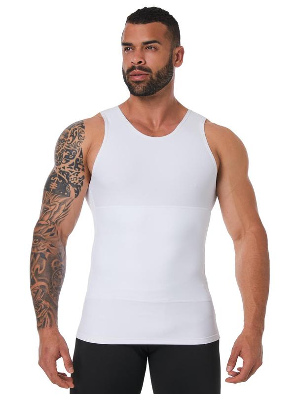 Men's Solid Round Neck Shapewear Tank Top, High Stretch Tummy Control Compression Top, Men's Shapewear for Daily Wear