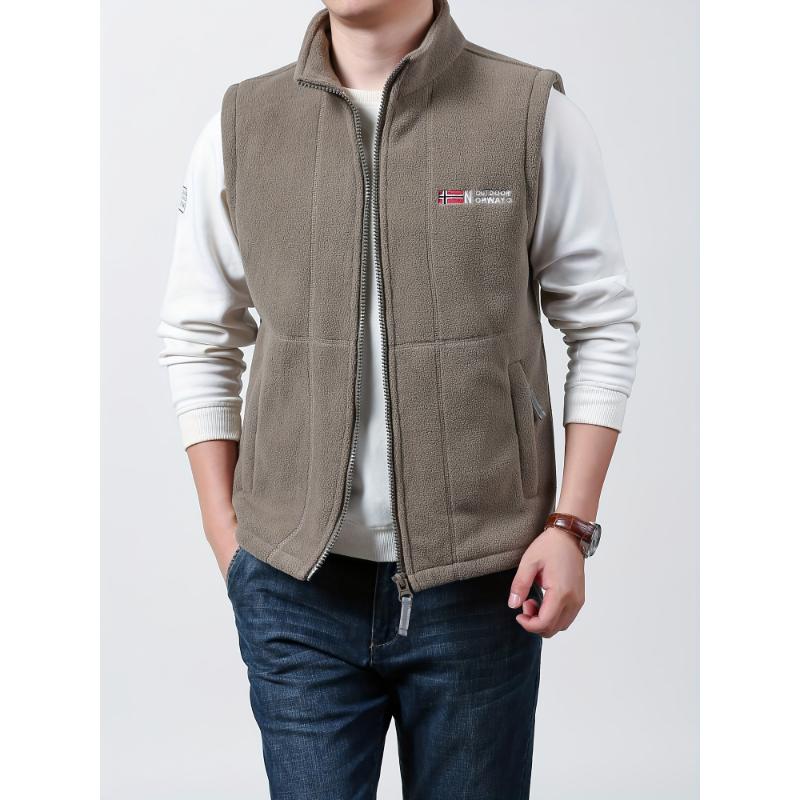 Men's Vest, Casual Fashion, Soft Comfort, Zippered Pockets, Stand-Up Collar, Polyester, Regular Length, Sleeveless, Spring Autumn, Solid Color, Knitted Fabric, Regular Fit