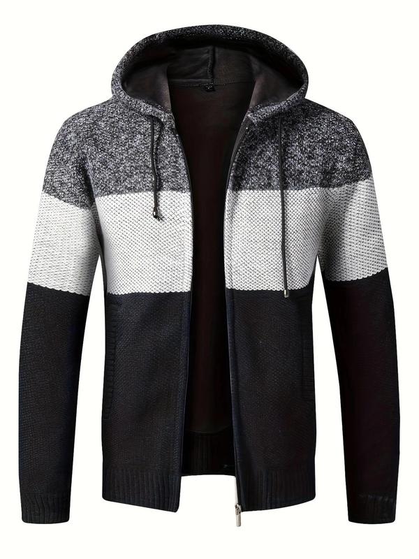 Men's Colorblock Zip Up Drawstring Hooded Cardigan, Regular Fit Casual Long Sleeve Pocket Cardigan for Fall & Winter, Men's Knit Clothing for Daily Wear