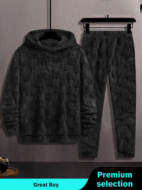 Men's Letter Print Hoodie & Elastic Waist Pants Thermal Lined Set, Casual Long Sleeve Hooded Sweatshirt & Pants, Men's Fall & Winter Sports Clothing