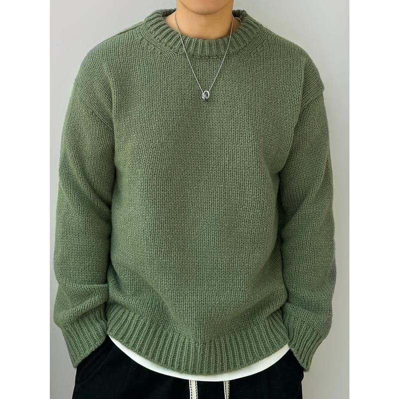 Men's Solid Knitted Pullover, Casual Long Sleeve Crew Neck Sweater For Fall Winter