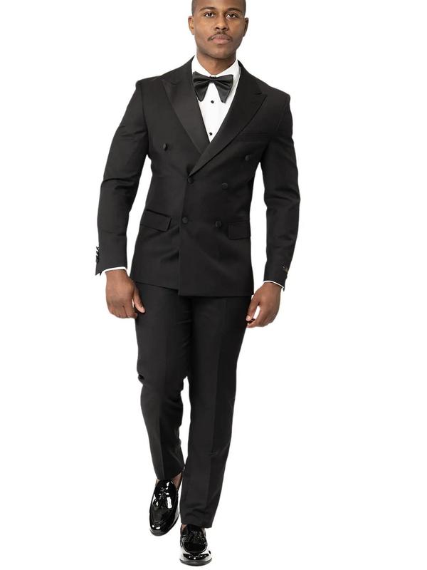 Slim Fit Double Breasted Men's Black Tuxedo Wide Peak Lapel 2 Button Flat Front Pants With Satin Line AZARMAN Formal