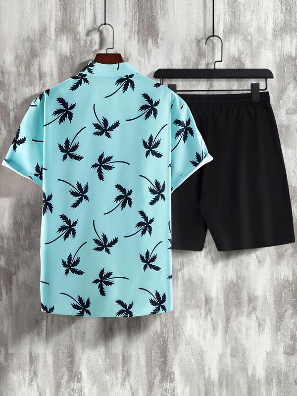 2 Counts Men's Plants Print Shirt & Pocket Drawstring Shorts Set, Boho Casual Tropical Print Button Down Hawaiian Shirt & Shorts, Men's Outfits for Summer Beach Vacation Formal Wear, Menswear Suits