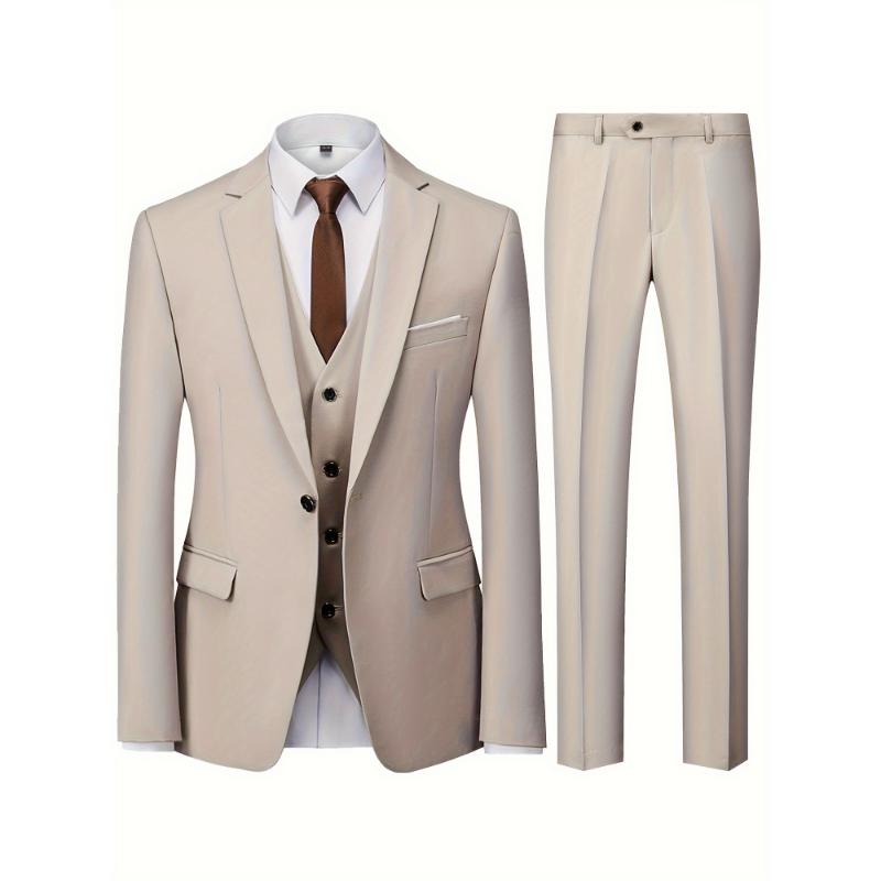 3pcs Men's Business Fashion Dress Suit Set, Notch Lapel Collar Blazer, Single Breasted Waistcoat With Back Tie And Slim Fit Pants, Elegant And Smart Formal Wear For Business, Wedding, Banquet Wear