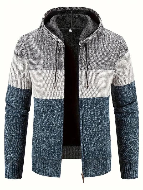 Men's Colorblock Zip Up Drawstring Hooded Cardigan, Regular Fit Casual Long Sleeve Pocket Cardigan for Fall & Winter, Men's Knit Clothing for Daily Wear