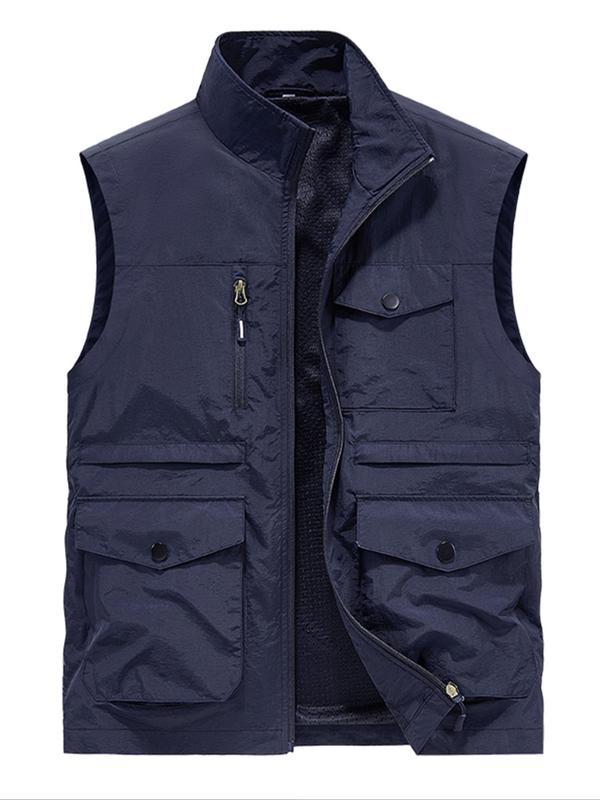 Men's Solid Zip Up Pocket Sports Vest Jacket, Regular Fit Casual Stand Collar Sleeveless Outerwear for Outdoor Activities, Men's Sportswear Clothing for Fall & Winter