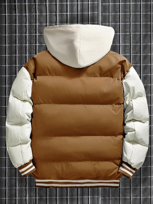 Men's Colorblock Letter Patched Drawstring Hooded Puffer Jacket, Regular Fit Casual Long Sleeve Button Front Pocket Outerwear for Fall & Winter, Men's Clothes for Daily Wear Winter Jacket