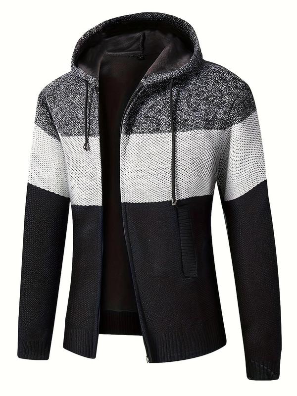 Men's Colorblock Zip Up Drawstring Hooded Cardigan, Regular Fit Casual Long Sleeve Pocket Cardigan for Fall & Winter, Men's Knit Clothing for Daily Wear