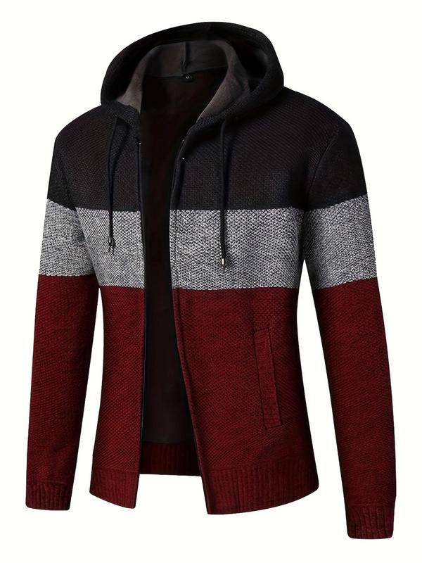 Men's Colorblock Zip Up Drawstring Hooded Cardigan, Regular Fit Casual Long Sleeve Pocket Cardigan for Fall & Winter, Men's Knit Clothing for Daily Wear