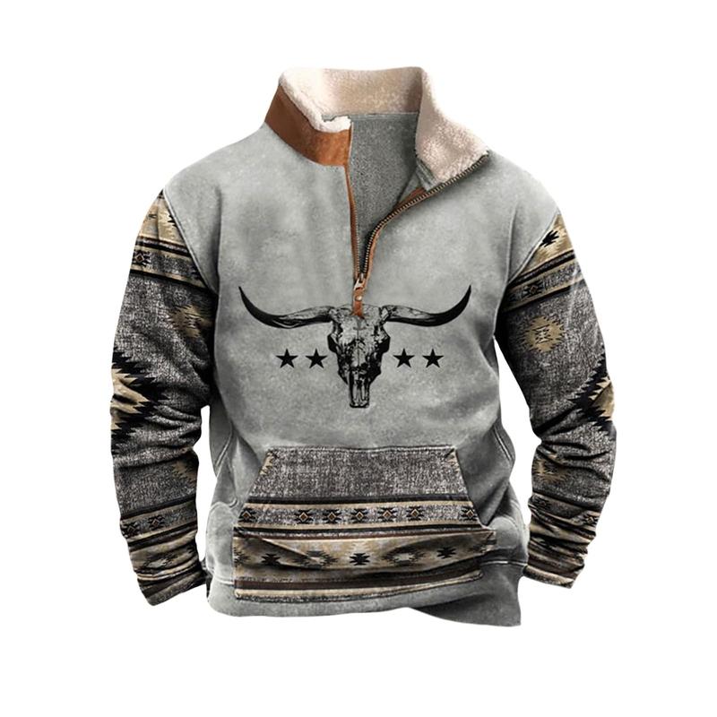 Men's Western Fleece Jacket Cowboy Bull Head Print Pullover 1 4 Zip Stand Collar Long Sleeve Sweatshirts Tops