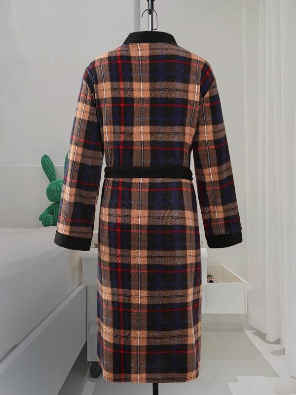 Men's Plaid Print Belted Bathrobe, Casual Long Sleeve Pocket Design Bathrobe, Men's Sleepwear for Fall & Winter