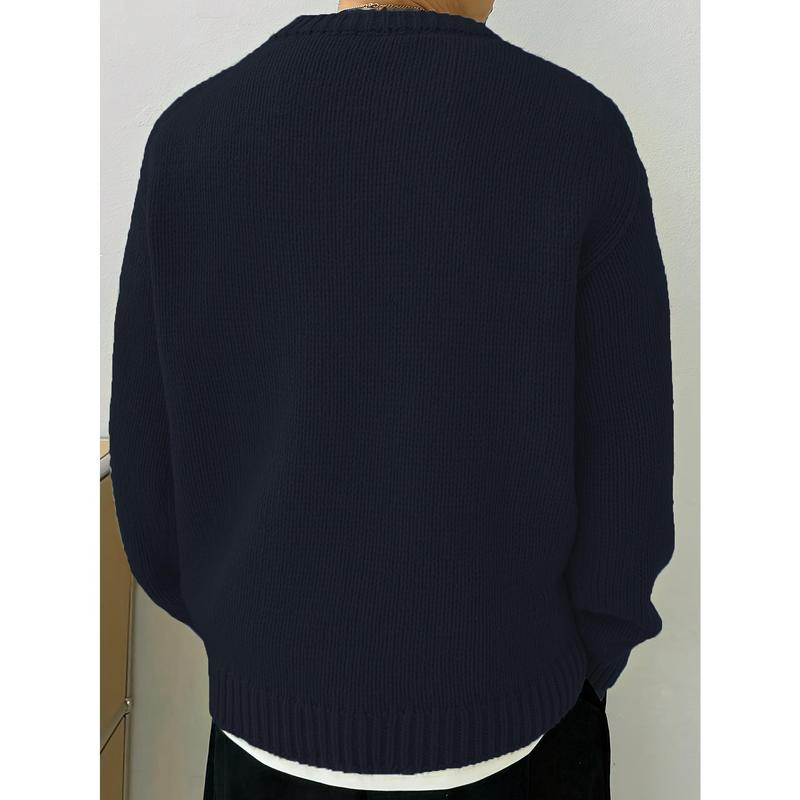 Men's Solid Knitted Pullover, Casual Long Sleeve Crew Neck Sweater For Fall Winter