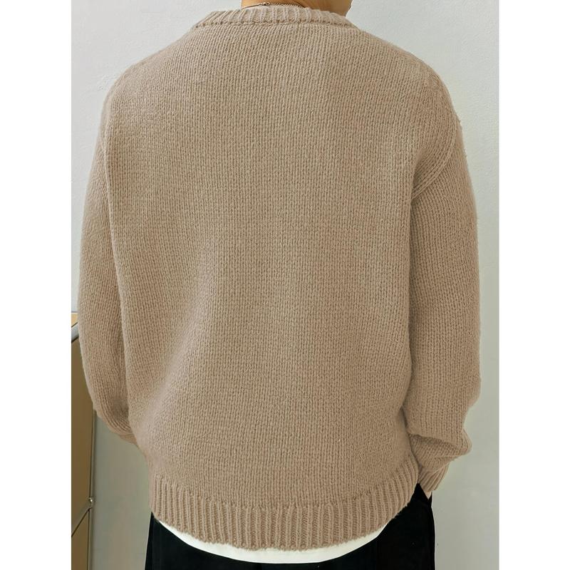 Men's Solid Knitted Pullover, Casual Long Sleeve Crew Neck Sweater For Fall Winter