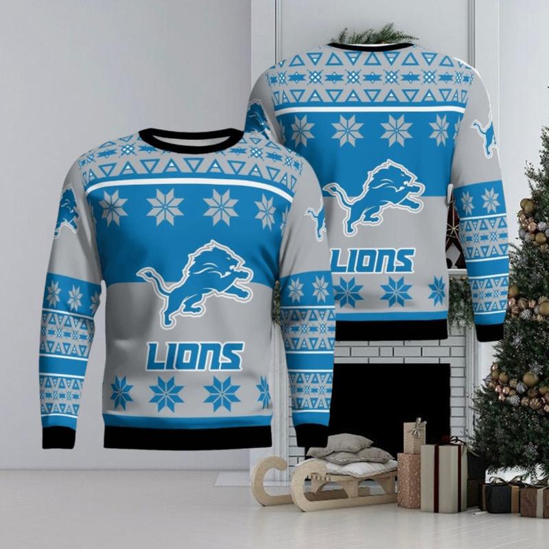 Detroit Lions Logo Big Snowflake Pattern Ugly Christmas Sweater