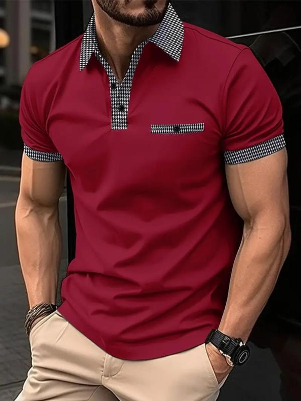 Men's Houndstooth Print Contrast Binding Polo Shirt, Regular Fit Casual Short Sleeve Button Front Top for Summer, Men's Clothes for Daily Streetwear