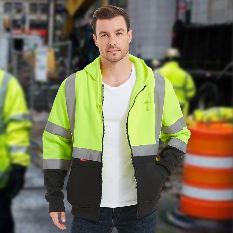 ProtectX Hi Vis Safety Hoodie for Men, Class 3 Reflective High Visibility Sweatshirt with Large Pocket, Long Sleeve Hooded Drawstring Pullover for Work & Construction