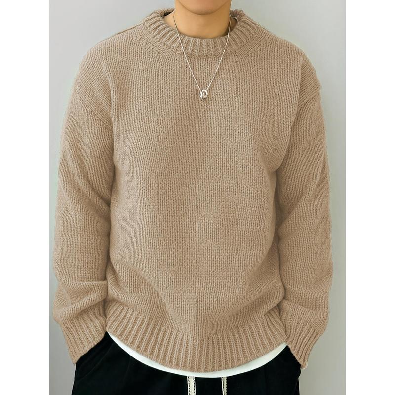 Men's Solid Knitted Pullover, Casual Long Sleeve Crew Neck Sweater For Fall Winter