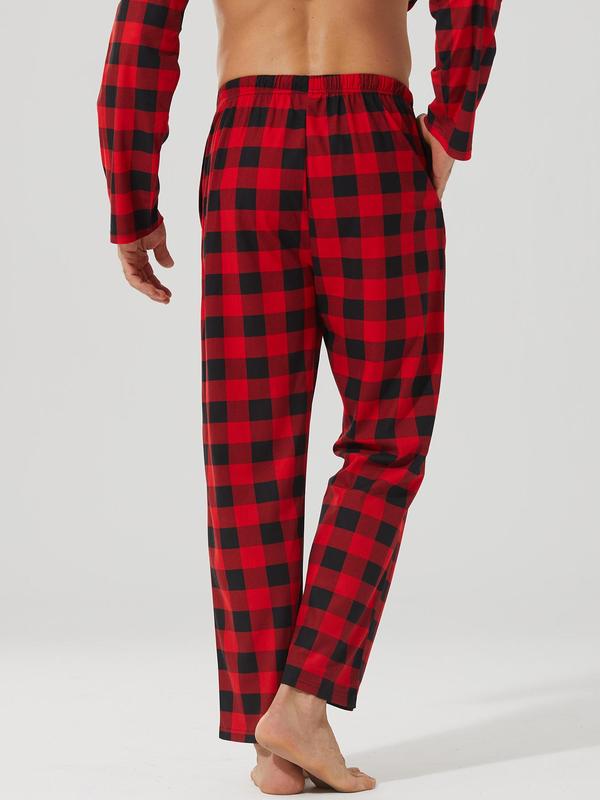 Men's Plaid Print Tie Front Pajama Pants, Casual Comfy Elastic Waist Pocket Lounge Pants, Men Sleepwear for Spring & Fall