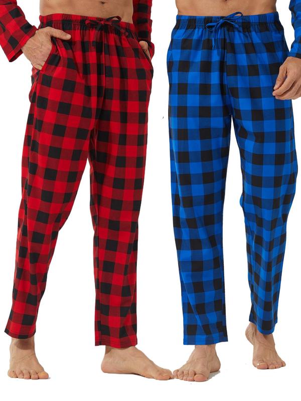 Men's Plaid Print Tie Front Pajama Pants, Casual Comfy Elastic Waist Pocket Lounge Pants, Men Sleepwear for Spring & Fall