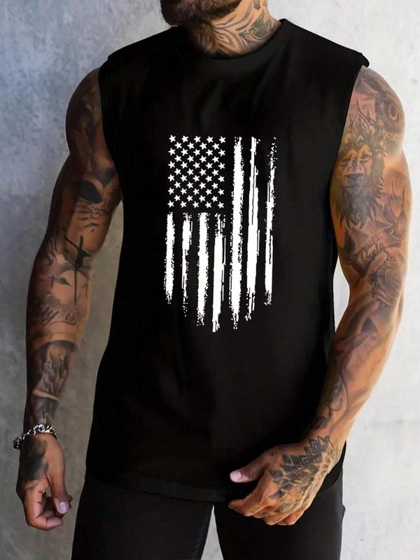 Men's American Flag Print Round Neck Tank Top, Regular Fit Casual Sleeveless Top for Summer, Men's Clothes for Daily Wear