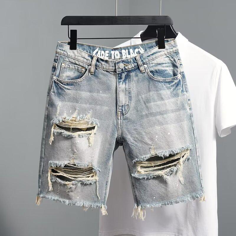 Retro Washed Distressed Raw Hem Ripped Denim Shorts Men's Pu Handsome Straight Beggar Fifth Wide-Leg Pants