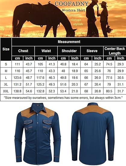 COOFANDY Men's Western Cowboy Shirt Embroidered Long Sleeve Slim Fit Casual Cotton Button Down Hippie Shirts with Pockets Classic Fashion Menswear Buckle Costume Denim Dress Embroidery Patchwork Retro