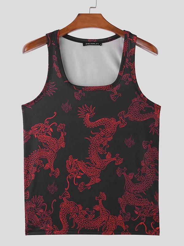 Men's Dragon Print Tank Top, Regular Fit Street Square Neck Sleeveless Top for Summer, Fashion Men's Top for Daily Wear Tank Vest